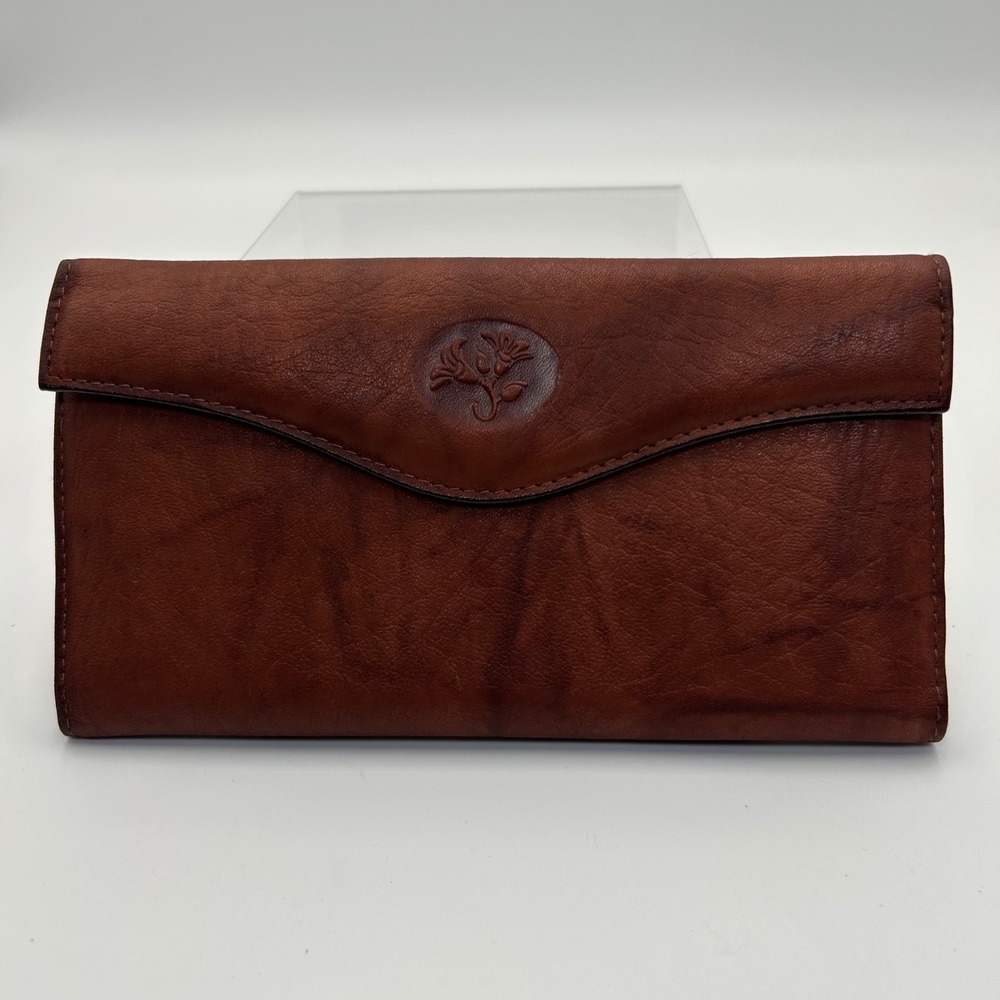 Buxton Brown Top Grain Cowhide Leather Clutch Wallet Floral Embossed Kiss Lock